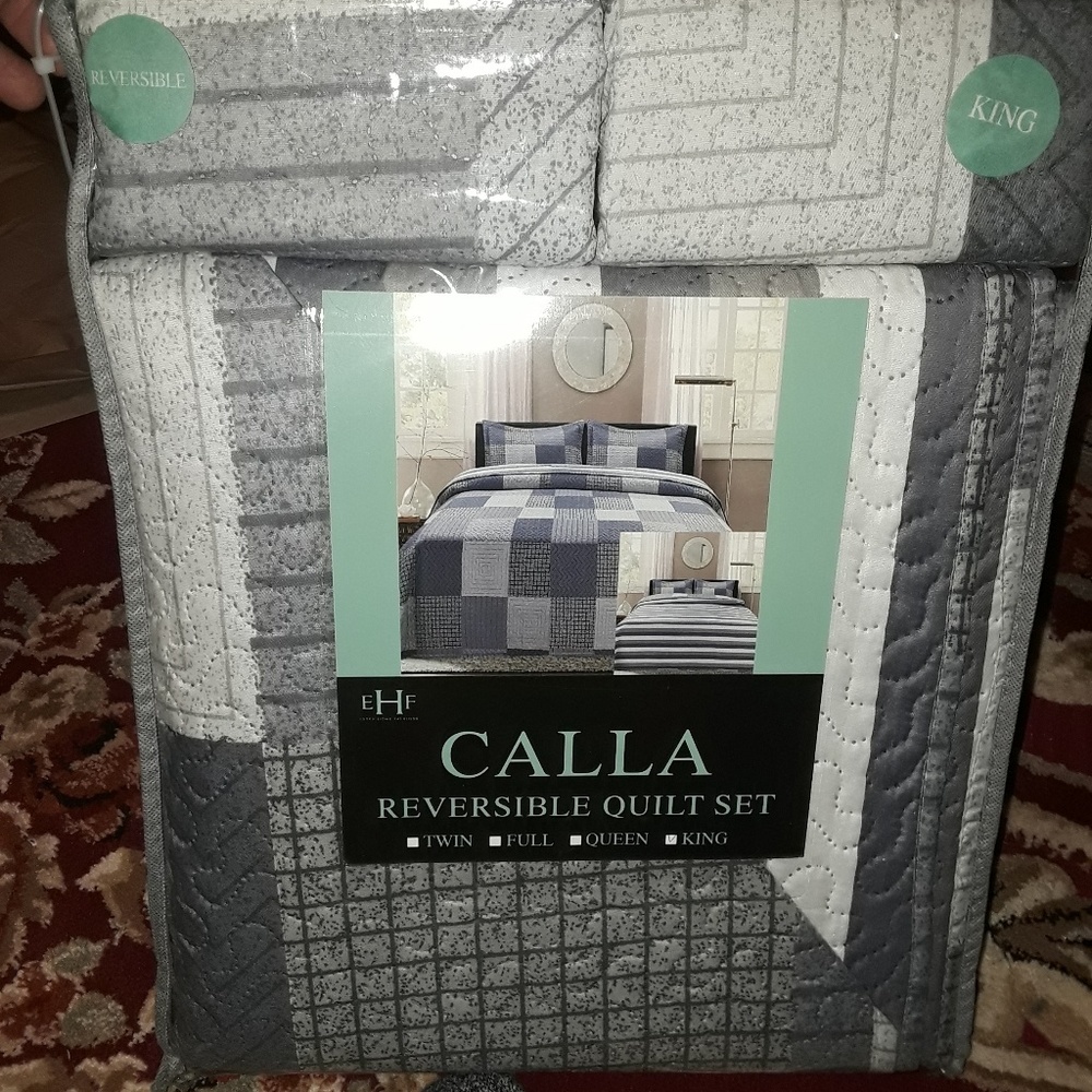 3 piece king size quilt set gray